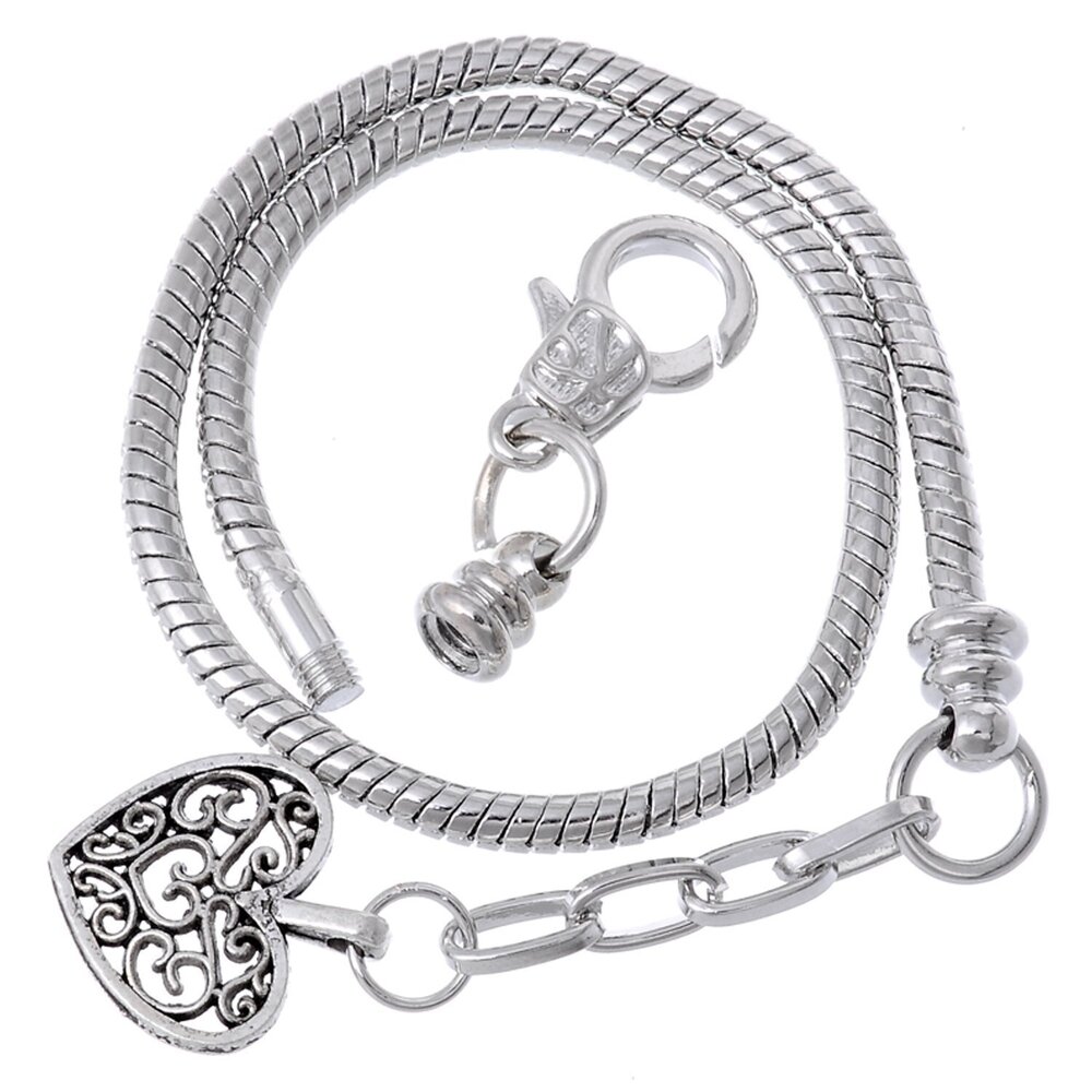 2755 5pcs 8.7" Lobster Clasp Heart Pendant Bead Snake Chain European Charm